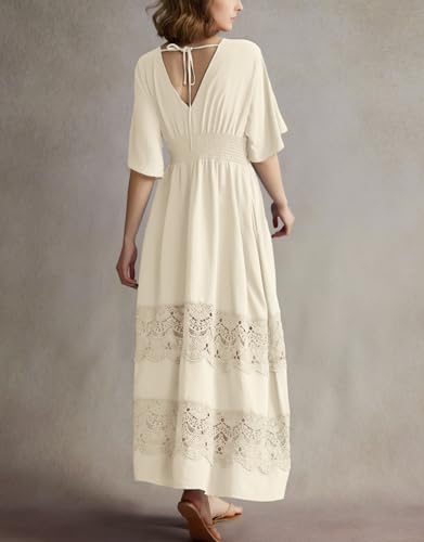 Image of Olaesa Boho Maxi Dress V Neck Short Sleeve Lace Smocked Waist Flowy Dress | Wedding Guest Dress with Pockets, Summer Bohemian Vacation Dress, Elegant Party Dress for Family photo& Baby Shower