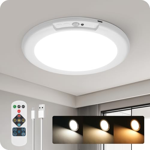 Image of Rechargeable Motion Sensor Ceiling Light with Remote, Wireless Ceiling Light, Battery Operated Magnetic Motion Sensor Light, 3CCT, Dimmable Ceiling Light for Shower Closet Stairs Garage Pantry Hallway