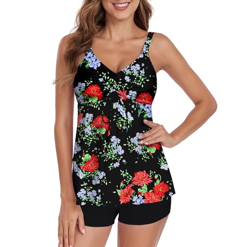 Jollkichay Tankini Swimsuits For Women Tummy Control Bathing Suit Athletic Two Piece Swimsuit Modest Tankini Top With Boyshort Swimming Suits 2 Piece Bathing Suit For Women Black Red Flower X-Large thumb #2