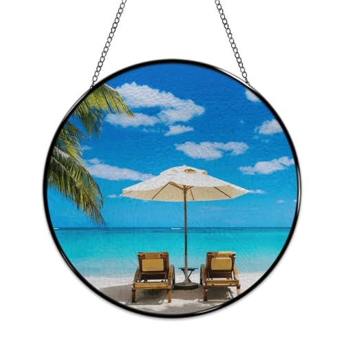 Image of Beach Landscape Illustration Stained Glass Window Hanging Sign Suncatcher