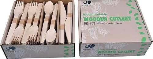 Elephant Joy Disposable 100% Wooden Cutlery Set - 300 Pcs: 150 Forks 75 Knives Spoons Compostable Utensils Biodegradable Wood Utensils, 8.3 X 6.7 2.9 #TOP7