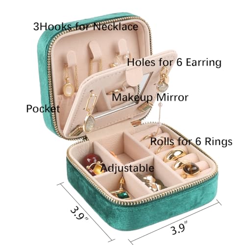 Image of Plush Velvet Travel Jewelry Box,Case,Organizer with Mirror,Green,1 Pcs