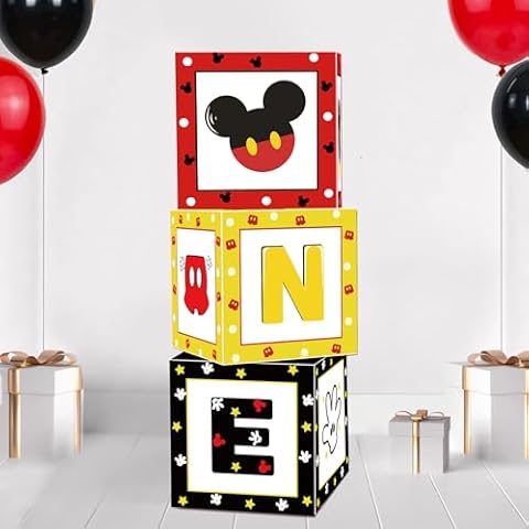 FVABO Mickey 1st Birthday Party Balloon Box - 3Pcs Mickey Theme One Balloon Box Decorations Backdrop Block, Mickey First Birthday Balloon Boxes For Boy One Year Old Birthday Party Supplies Cover