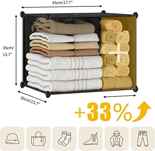 JOISCOPE Portable Wardrobe for Bedroom Foldable Wardrobe With Clothes Hanging Rails, Plastic Combination Armoire Modular 12-Cube Cabinet for Clothes Shoes Toys, White and Black