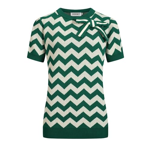 T-shirt vintage vert en coton OXKNIT avec col rond ondulé élégant