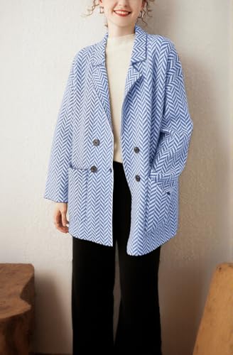 chouyatou Women's Herringbone Striped Cardigans Double Breasted Business Casual Knitted Sweater Coatigan Jacket2