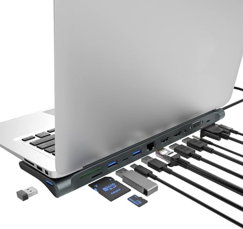 Image of USB HUB USB C Docking Station, Tongtion Laptop Docking Station Triple Monitor with 4K HDMI, VGA, 100W PD, USB-C, Gigabit Ethernet, 3 USB A, Audio, SD /TF (USB C to 12 in 1 with Dual HDMI HUB)