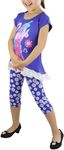 Image of ToBeInStyle Girl's 2 Piece Outfit Top & Leggings Set Casual Graphic Shirt Capri Pants