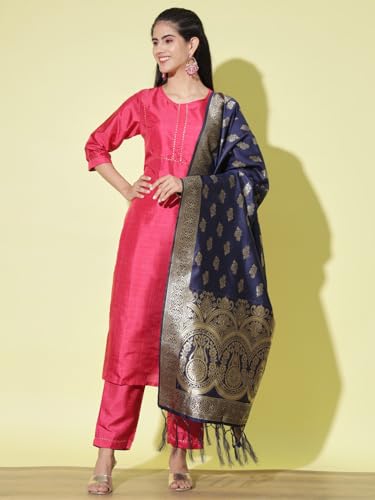 Image of VredeVogel Women's Cotton Silk Blend Straight Kurta Trouser With Dupatta Set