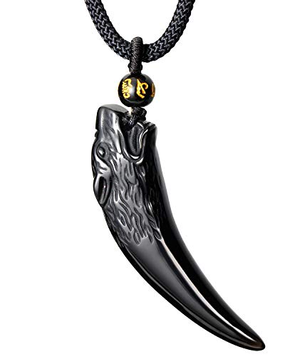 Natural Obsidian Wolf Tooth Necklace Pendant for Men Women Amulet Unisex Couples Gifts Adjustable Size 27inch