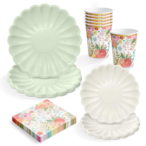 OH YEAH - Set Vajilla Desechable Fiesta 6 Personas - Vasos Cartón 270 cc + Platos Cartón Ø18 y Ø23 cm + Servilletas Papel - Menaje para Cumpleaños y Eventos - FIESTA COLOR FLORAL (Multicolor)