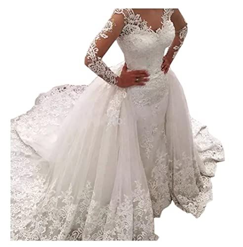 Tsbridal Detachable Skirt Wedding Dress Long Sleeves Lace Mermaid Wedding Dresses