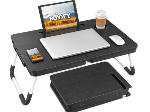BUYIFY Foldable Lap Desk Bed Table with Cup Holder Portable Tray, Charcoal