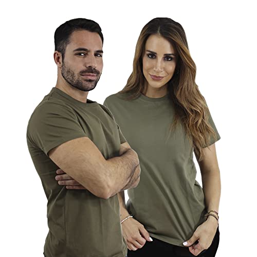 BROCHZ - Camiseta Deporte Hombre Manga Corta - Tejido 100% Algodón - Color Verde Militar - Cuello Redondo 4 Capas - Talla S