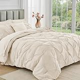 JOLLYVOGUE King Size Comforter Set 7 Pieces - Bed in a Bag King for All Season, Pintuck Bedding Comforter Sets with Comforter, Flat Sheet, Fitted Sheet and Pillowcases & Shams, Beige