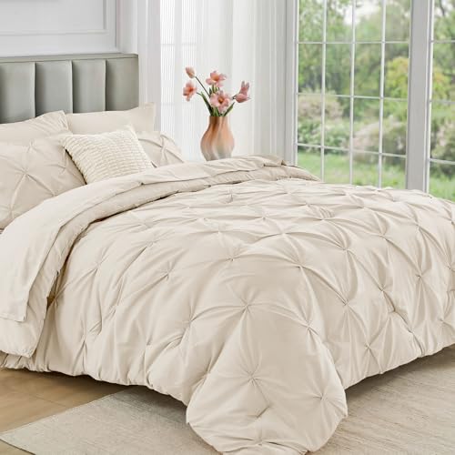 JOLLYVOGUE King Size Comforter Set 7 Pieces - Bed in a Bag King for All Season, Pintuck Bedding Comforter Sets with Comforter, Flat Sheet, Fitted Sheet and Pillowcases & Shams, Beige