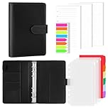 AKONEGE A6 6 Ring Binder PU Leather Refillable Notebook with 135PCS A6 Refill Papers, 3PCS Binder Pockets, 6PCS Index Dividers, Sticky Tabs, Planner Organizer for Travel Work School, Black
