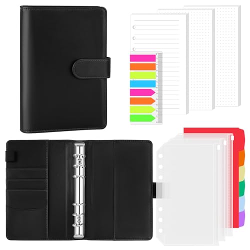 AKONEGE A6 6 Ring Binder PU Leather Refillable Notebook with 135PCS A6 Refill Papers, 3PCS Binder Pockets, 6PCS Index Dividers, Sticky Tabs, Planner Organizer for Travel Work School, Black