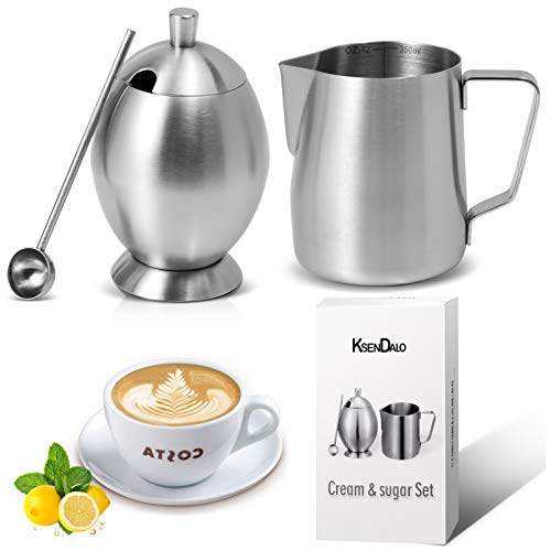 Sugar and Creamer set2020upgrade KSENDALO Stainless Sugar Bowl Cream Set Deluxe Matte Surface Milk Pitcher Sugar Bowl Pot Set For Coffee Latte Tea Frothing Milk