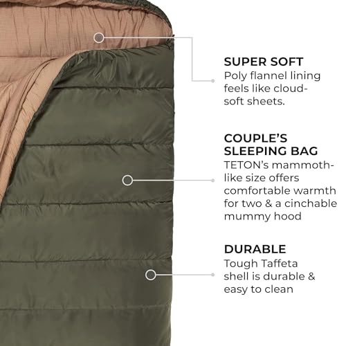 Image of Teton Mammoth Queen Size Double Sleeping Bag- A Warm Bag the Whole Family can Enjoy - Great for Camping, Hunting and Base Camp. Compression Sack Included