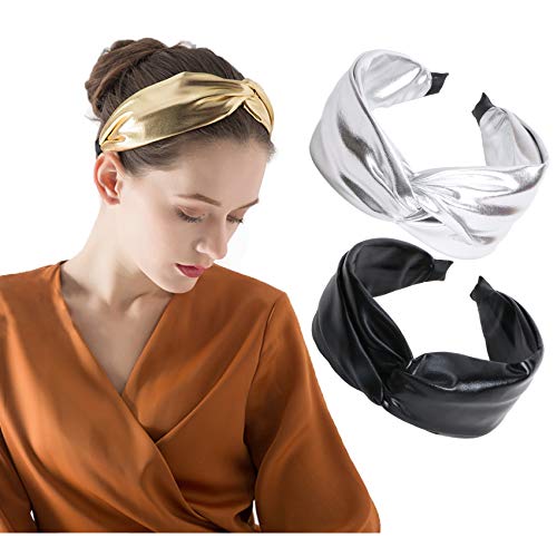 FAELBATY 2 Pcs Headbands for Women Knotted Headbands Glitter PU Wide Headbands for Women Cute Hairbands Fashion Knot Headband for Women(Black & Silver)