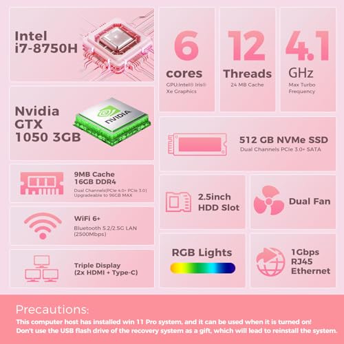 Image of Mini PC, Intel Core i7-8750H(8C /16T up to 4.1GHz), GeForce GTX 1050 3G Discrete Graphics Mini Computer with RGB Lights, 16GB DDR4 RAM, 512 NVMe SSD, 2X HDMI + Type- C, WiFi6 BT5.2, Win 11 Pro, White