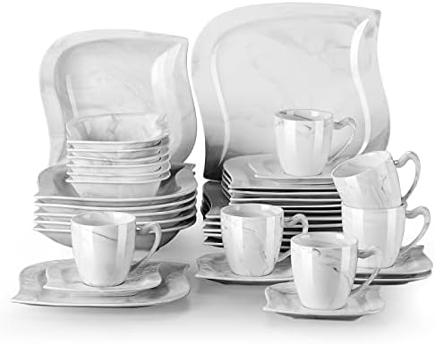MALACASA, Series Blance, 30-Piece Marble Grey Porcelain Dinnerware Set with 6 x Dinner Plates/Dessert Plate/Soup Plate/Cup/Saucer, Service for 6