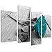 Large Black White Teal Rose Floral Canvas Wall Art Pictures on Grey XL Split Set - Big Modern Flower Prints - Multi Panel Turquoise Artwork - XL - 130 cm Wide
