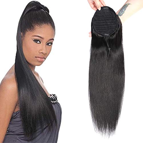 Straight Ponytail Wrap Drawstring Brazilian Human Hair Extensions Natrual Black Clip in Silky Hair Pieces for Women 105g/set (10")