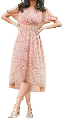 PRETTYGARDEN Women's Floral Wrap V-Neck Midi Dress Short Sleeve Boho Summer Beach Long Dress High Low Hem Smocked Dress Women