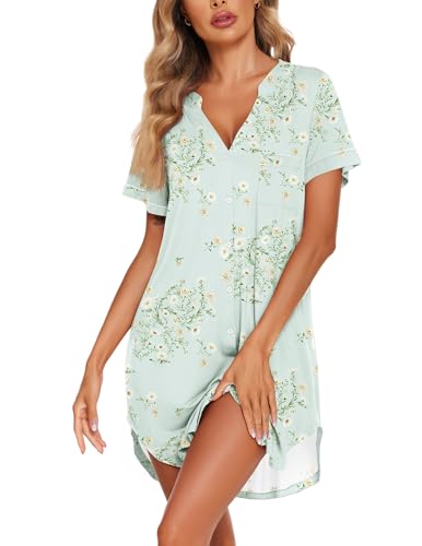 Image of Ekouaer Nightgowns for Women Button Down Night Gowns Short Sleeve Sleep Shirt V Neck Nightshirt Soft Sleepwear Pajams Dress