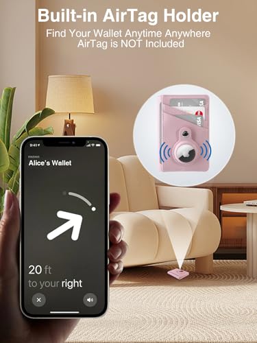 Miroddi Wallet with AirTag Holder, Credit Card Holder Wallet for Women, Leather Front Pocket Wallet, Minimalist Bifold Wallet, 9 Card Slots and 4 Storage Pockets, RFID Blocking, Pink3