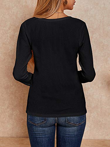 Women's Henley Shirts V Neck Waffle Knit Casual Long Sleeve Pullover Sweater Blouses Black