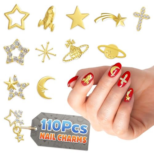 110 Pcs Gold Nail Charms and Gems – Complete Art Kit with Gold Star Nail Charms, Planets, Moon, Crosses & Rocket – Designed for Creating Detailed, Custom Designs with Easy Application