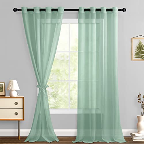Hiasan Sheer Curtains 96 Inches Long with Tiebacks, Bean Green, 2 Panels