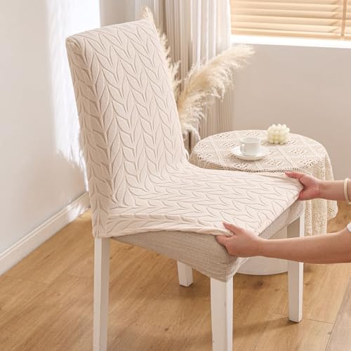 Image of HOMETHREADS Stretchable Elastic Jacquard Chair Seat Cover - Removable & Washable, Durable Seat Protector for Dining Room, Kitchen, Restaurant & Party Chairs (Cream, Pack of 1)