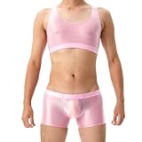 GENEMEN Set Glänzende Herren Crop Top Sport BHS Y Back Workout Tank Top Unterhemd Weste Sexy Sheer Shirt (Set-Lichtrosa, L)