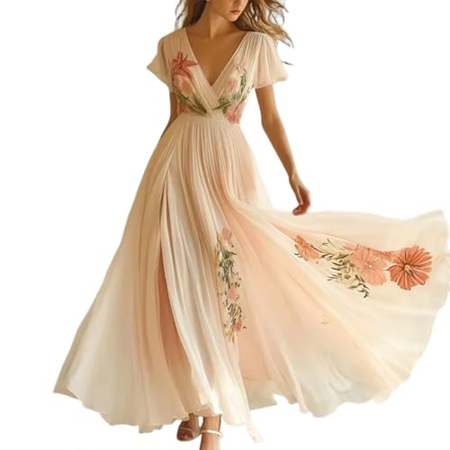 Minetom Femme Robe De Soirée Chic Longue Col V À Fleur Mousseline Manches Longue Maxi Dress Plage...