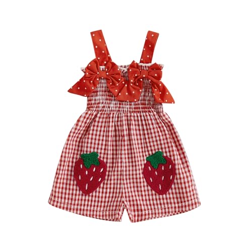 Baby Girls Plaid Shortall Sleeveless Strawberry Embroidery Smocked Romper Jumpsuit with Red Bows Summer Casual Overall