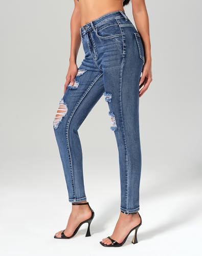Image of roswear Women's Essentials Ripped Mid Rise Destroyed Skinny Jeans