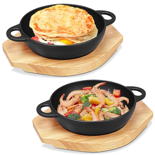PQHIQ 2 Set Mini Cast Iron Skillet Pans with Wooden Base, 15 cm Small Round Casserole Dishes Hot Dish Pans for Baking Camembert, Tapas, Frittata, Steak, Lasagne, Hot Starters and Oven or BBQ Cooking