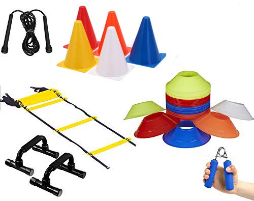 SIMRAN SPORTS 6 Inch Cones Pack 10,20 Space Markers and 8 Meter Ladder with Pushup Stand & Gripper Agility Combos-image-29