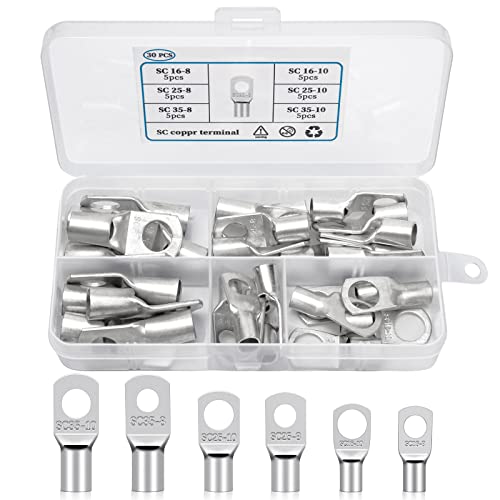 Elecoutek 30 Stk. Rohrkabelschuhe Set Kabelschuhe16mm² 25mm² 35mm² Ringkabelschuhe M8 M10 Kupferklemmen Verzinnt Kupfer Quetschverbinder für Kfz Auto Motorad Boote Cover