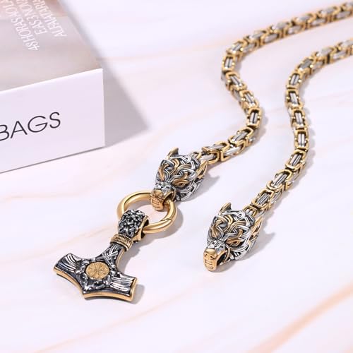 OIDEA Viking Thor's Hammer Necklace for Men: Vintage Viking Helm of Awe Mjolnir Pendant with Wolf Head Byzantine Chain Amulet Jewelry Gift for Men Women2