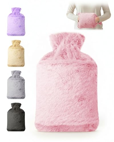 KEPLIN Hot Water Bottle 2L with Soft Faux Fur Cover, Leakproof Natural Rubber, Long Lasting Warmth for Neck, Back & Hands, Fluffy Cosy Design for Men & Women, Winter Comfort - Blush