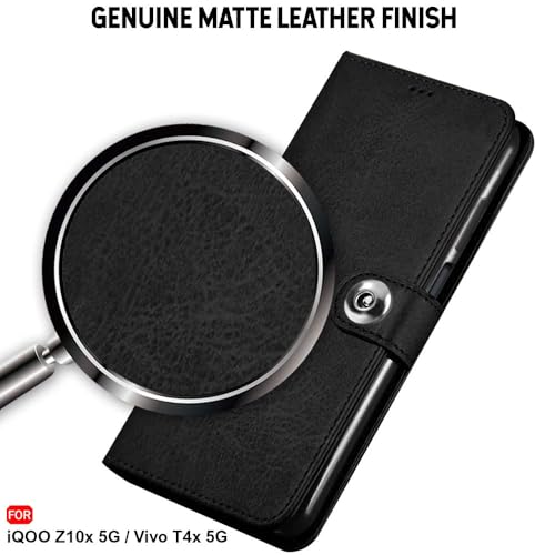 Image of TheGiftKart Flip Cover Back Case for iQOO Z10x 5G / Vivo T4x 5G | Genuine Leather Finish | Designer Button | Inbuilt Pockets & Stand | Flip Flip Back Case Cover (Faux Leather, Black)