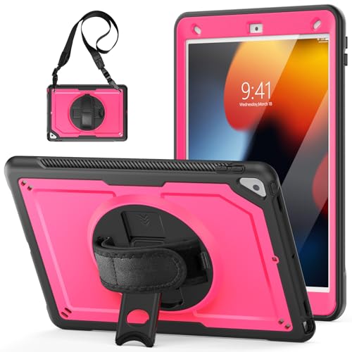 Coque iPad 10,2 antichoc avec protège-écran dragonne sangle rose
