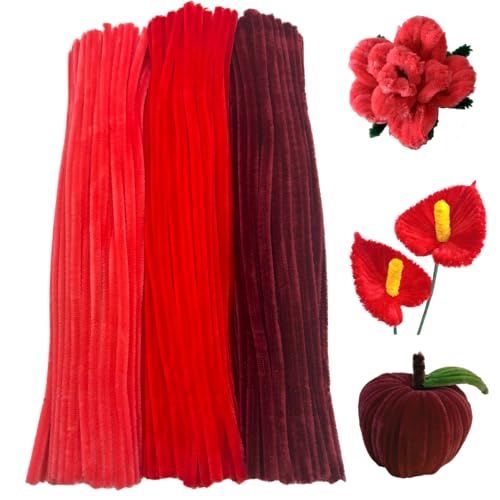 Swpohrat 300 Pieces Shades of Red Pipe Cleaner Craft Set 3 Assorted Colors Thick Fuzzy Chenille Stem Pipe Cleaners for DIY Craft Flower Projects Holiday Decorations