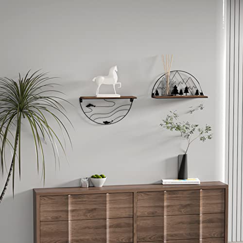 Rempry Floating Shelves For Wall With Unique Mountain Landscape Decor Set Of 2, Half Round Rustic Storage Wall Shelf For Bathroom Nursery Bedroom Kitchen, Black #TOP7