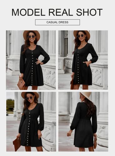 Blencot 2022 Casual Dresses For Women Crew Neck Long Sleeve Button Down Swing Short Dress Black M #TOP2